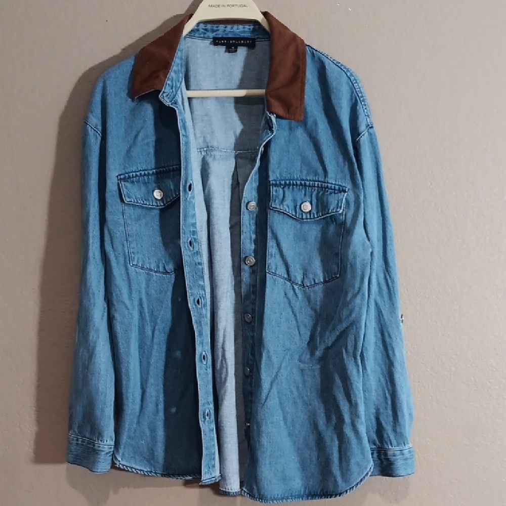 Blue Denim Button-Up Work Shirt/ Jacket with Brown Collar